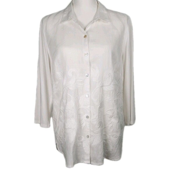 J Jill Embroidered Linen Shirt Mother of Pearl Buttons Medium P Ivory Coastal - Picture 1 of 10